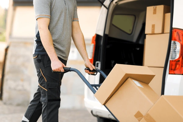 wheeling cardboard boxes from the back of a van